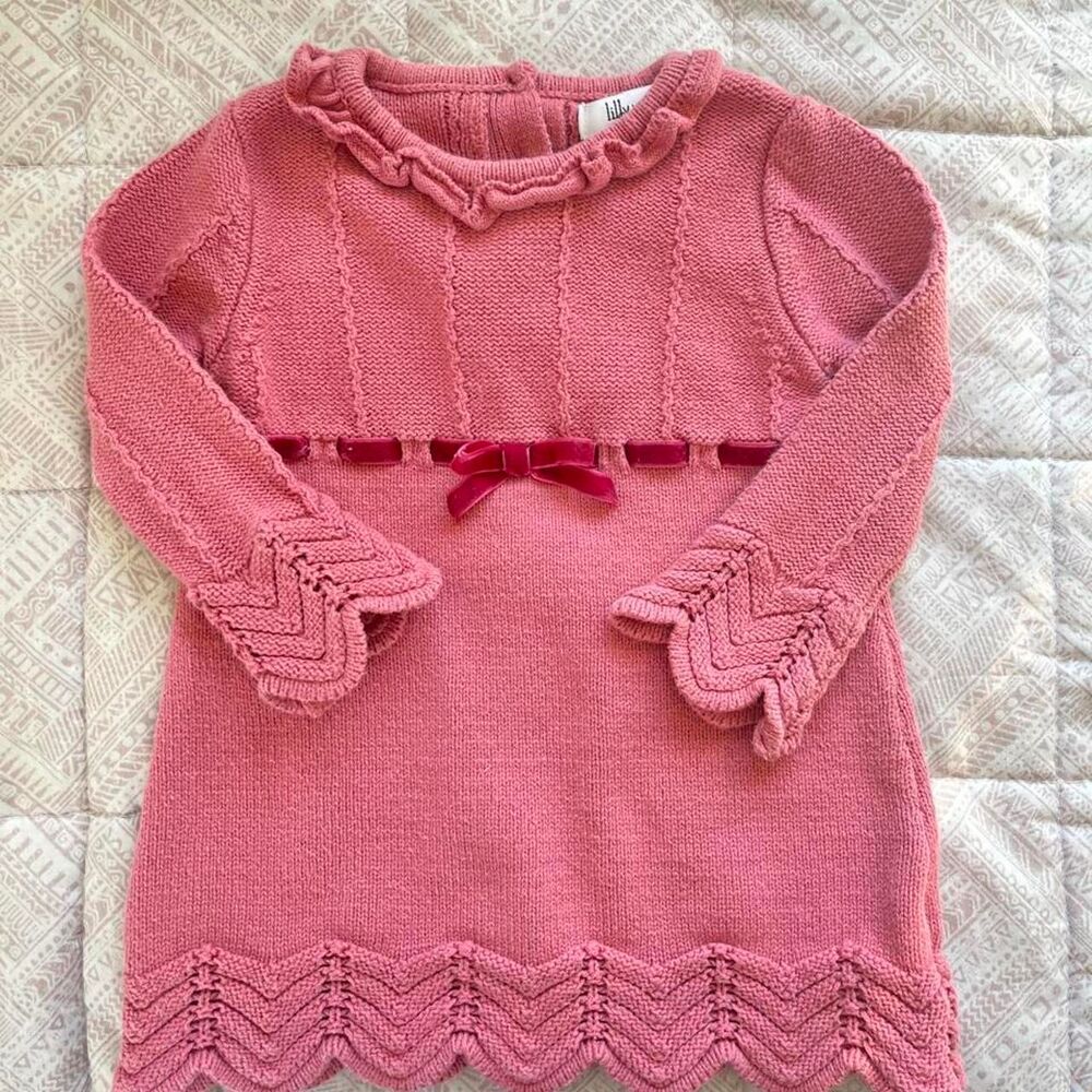 Knit Pink Dress; scalloped sleeves and velvet belt; cotton blend